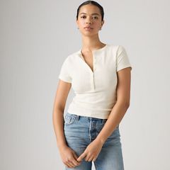 Dry Goods Pointelle Short-Sleeve Henley — Egret - White 1