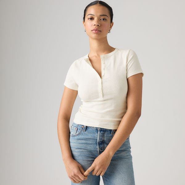 Dry Goods Pointelle Short-Sleeve Henley — Egret - White