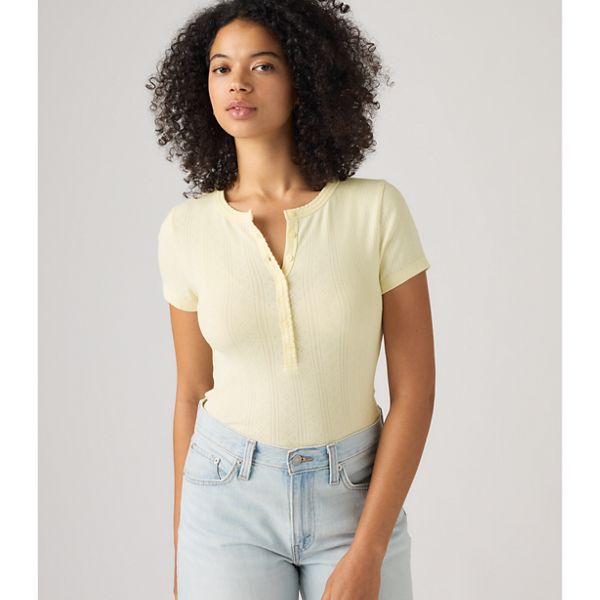 Dry Goods Pointelle Short-Sleeve Henley — Pear Sorbet - Yellow