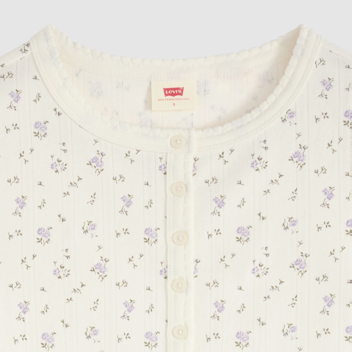 Dry Goods Pointelle Short-Sleeve Henley — Isabel Floral Egret - Purple