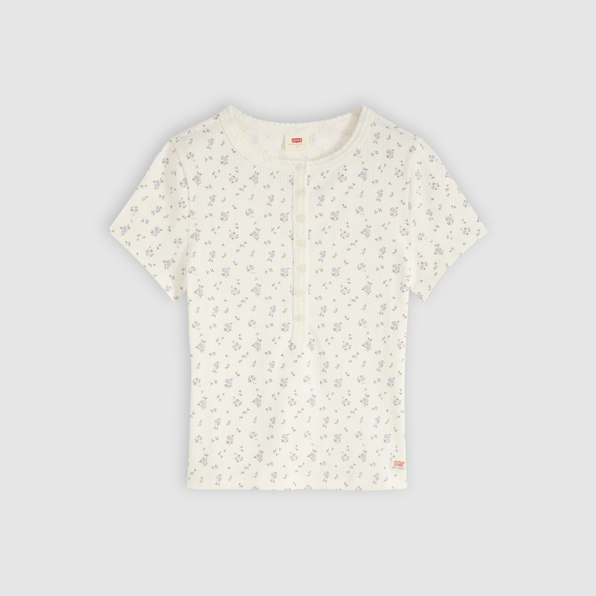 Dry Goods Pointelle Short-Sleeve Henley — Isabel Floral Egret - Purple