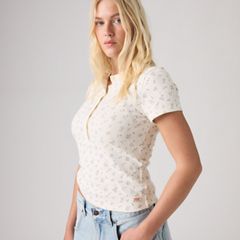 Dry Goods Pointelle Short-Sleeve Henley — Isabel Floral Egret - Purple 2