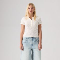 Dry Goods Pointelle Short-Sleeve Henley — Isabel Floral Egret - Purple 3