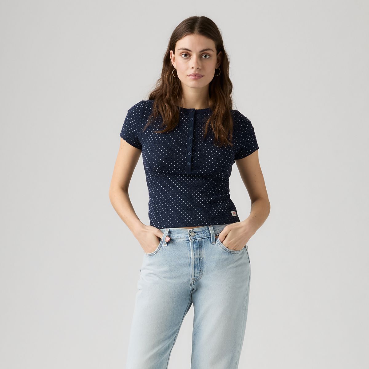 Dry Goods Pointelle Short-Sleeve Henley — Sonja Dot Navy Blazer - Blue