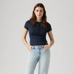 Dry Goods Pointelle Short-Sleeve Henley — Sonja Dot Navy Blazer - Blue 3