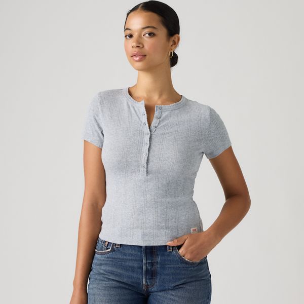 Dry Goods Pointelle Short-Sleeve Henley — Silver Heather Gray - Grey