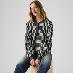 Dry Goods Relaxed Long-Sleeve Henley — Jane Stripe Charcoal Heather - Grey 1