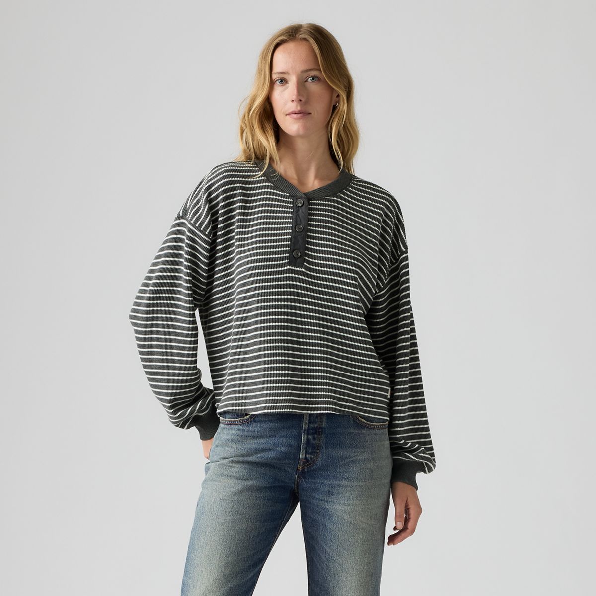 Dry Goods Relaxed Long-Sleeve Henley — Jane Stripe Charcoal Heather - Grey