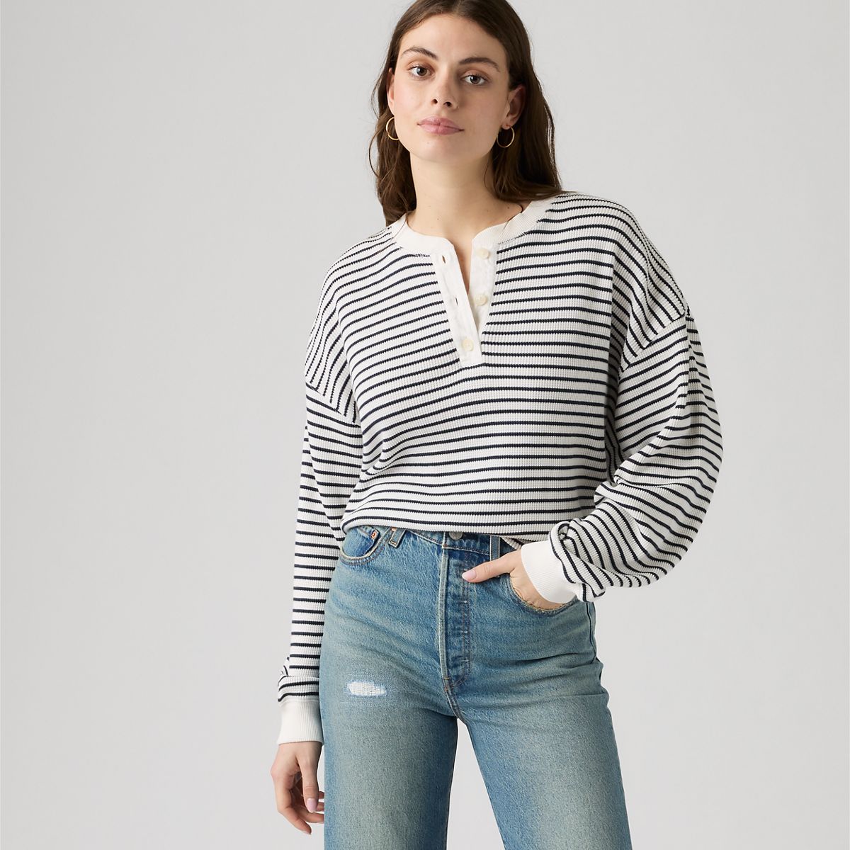 Dry Goods Relaxed Long-Sleeve Henley — Jane Stripe Navy Blazer - Blue