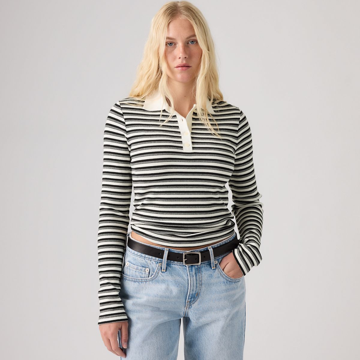 Rory Long-Sleeve Polo — Gigi Stripe Anthracite Night - Black