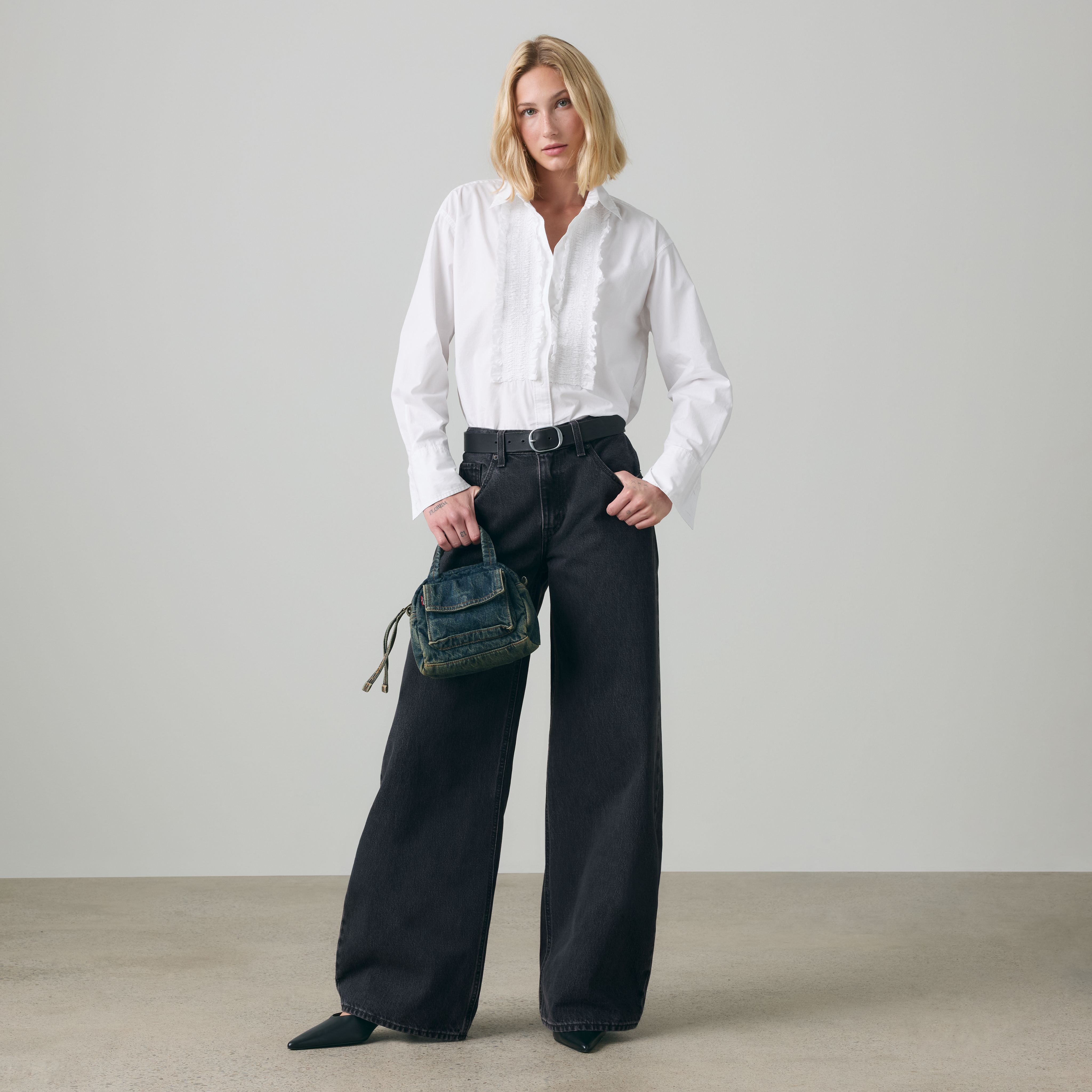 Harlie Boyfriend Tuxedo Ruffle Button Down Shirt 1