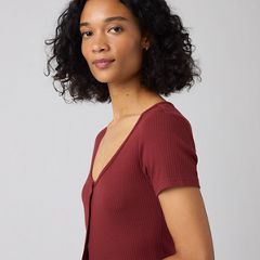 Austen Button-Up Short-Sleeve Top — Warm Cabernet - Red 2