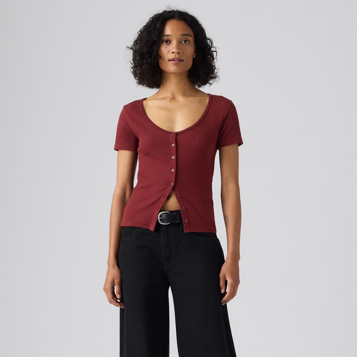 Austen Button-Up Short-Sleeve Top — Warm Cabernet - Red