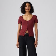 Austen Button-Up Short-Sleeve Top — Warm Cabernet - Red 3