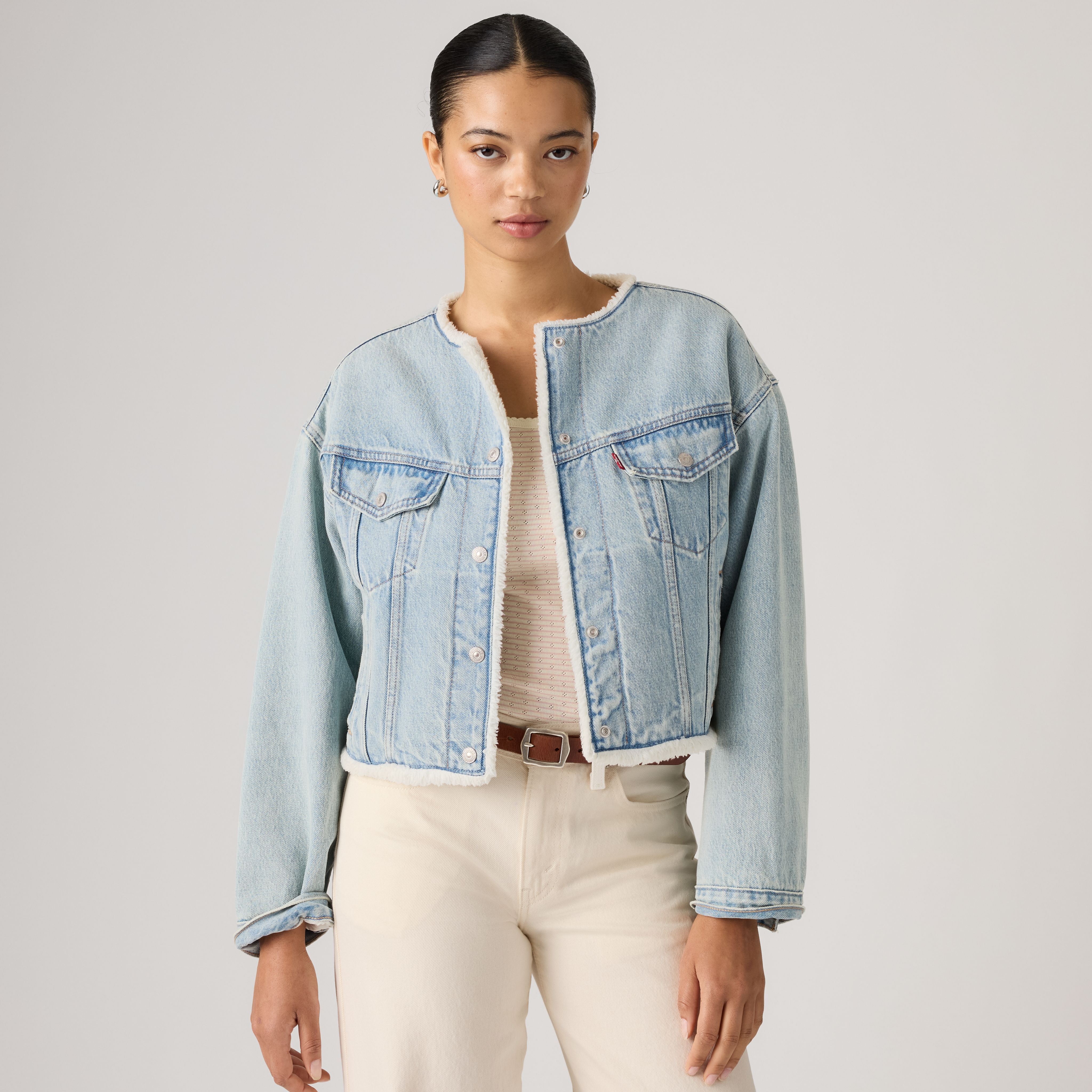 Collarless Shrunken '90s Sherpa Trucker Jacket 1