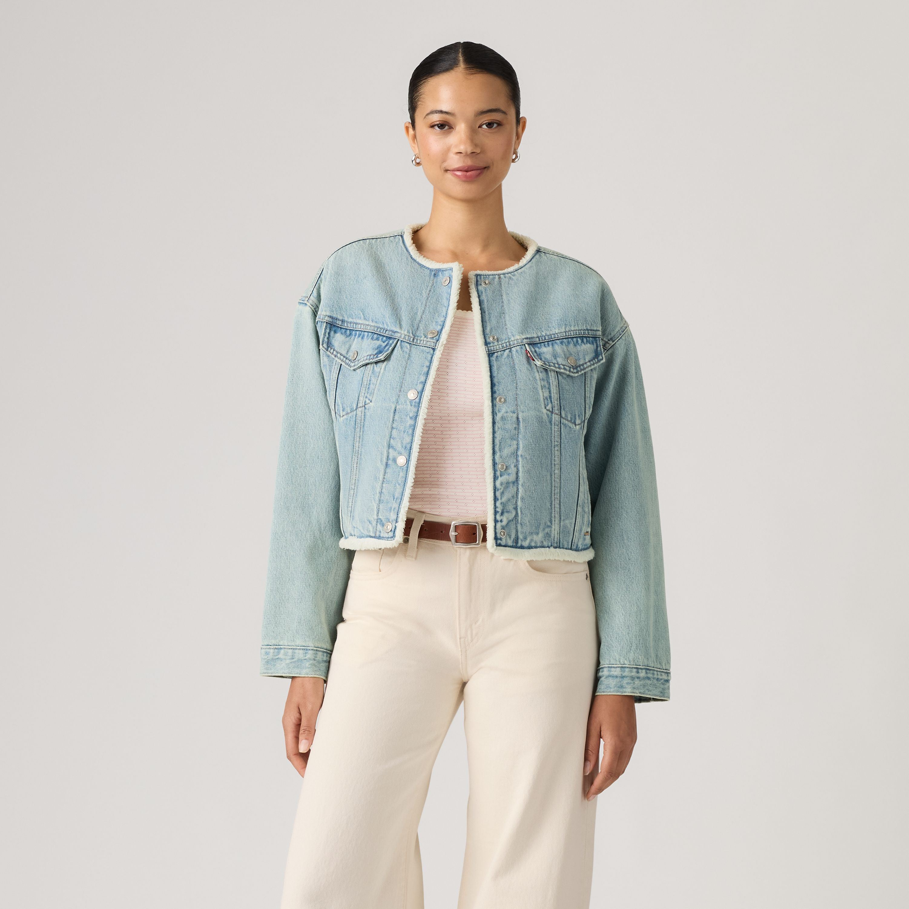Collarless Shrunken '90s Sherpa Trucker Jacket 3
