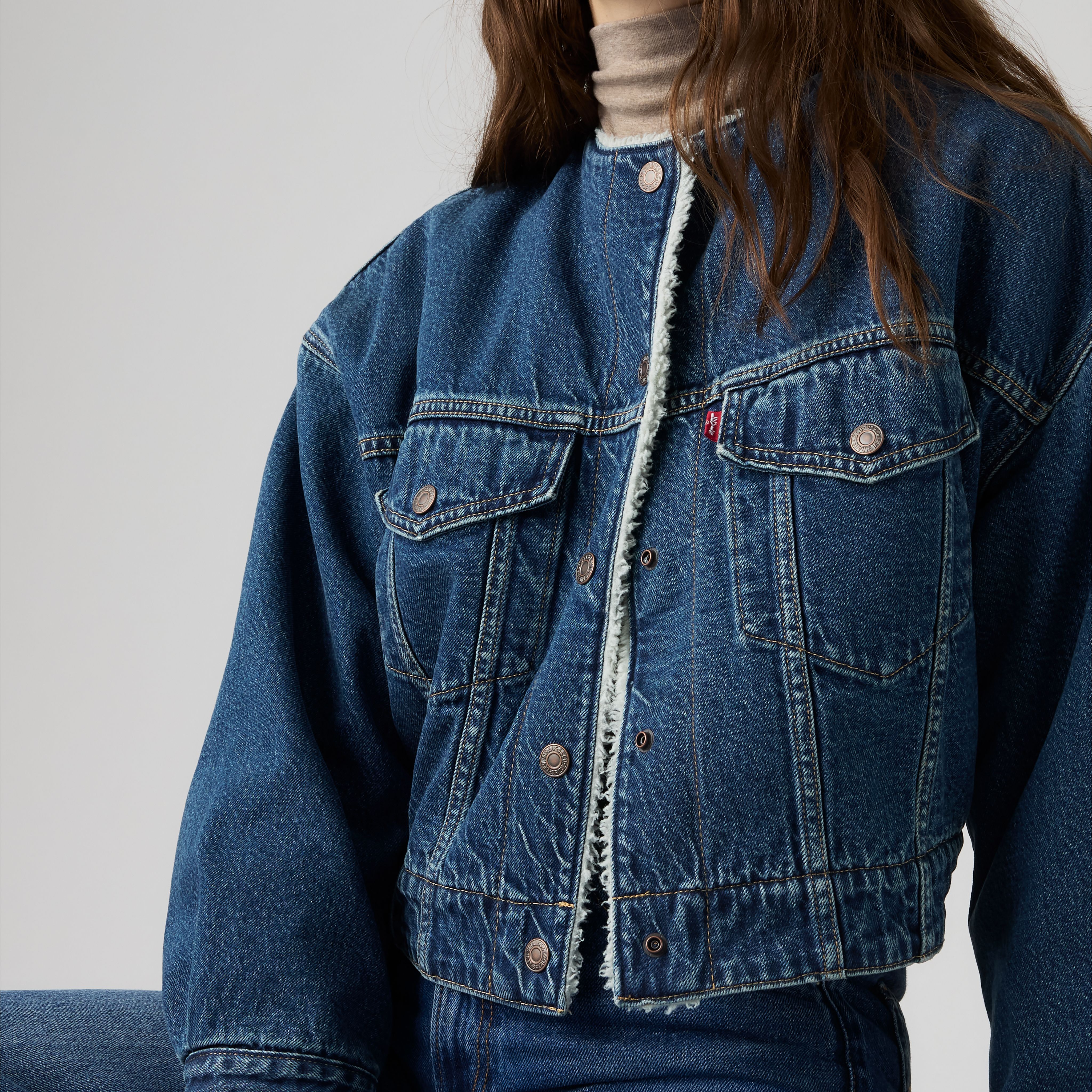 Collarless Cropped Sherpa Trucker Jacket 2