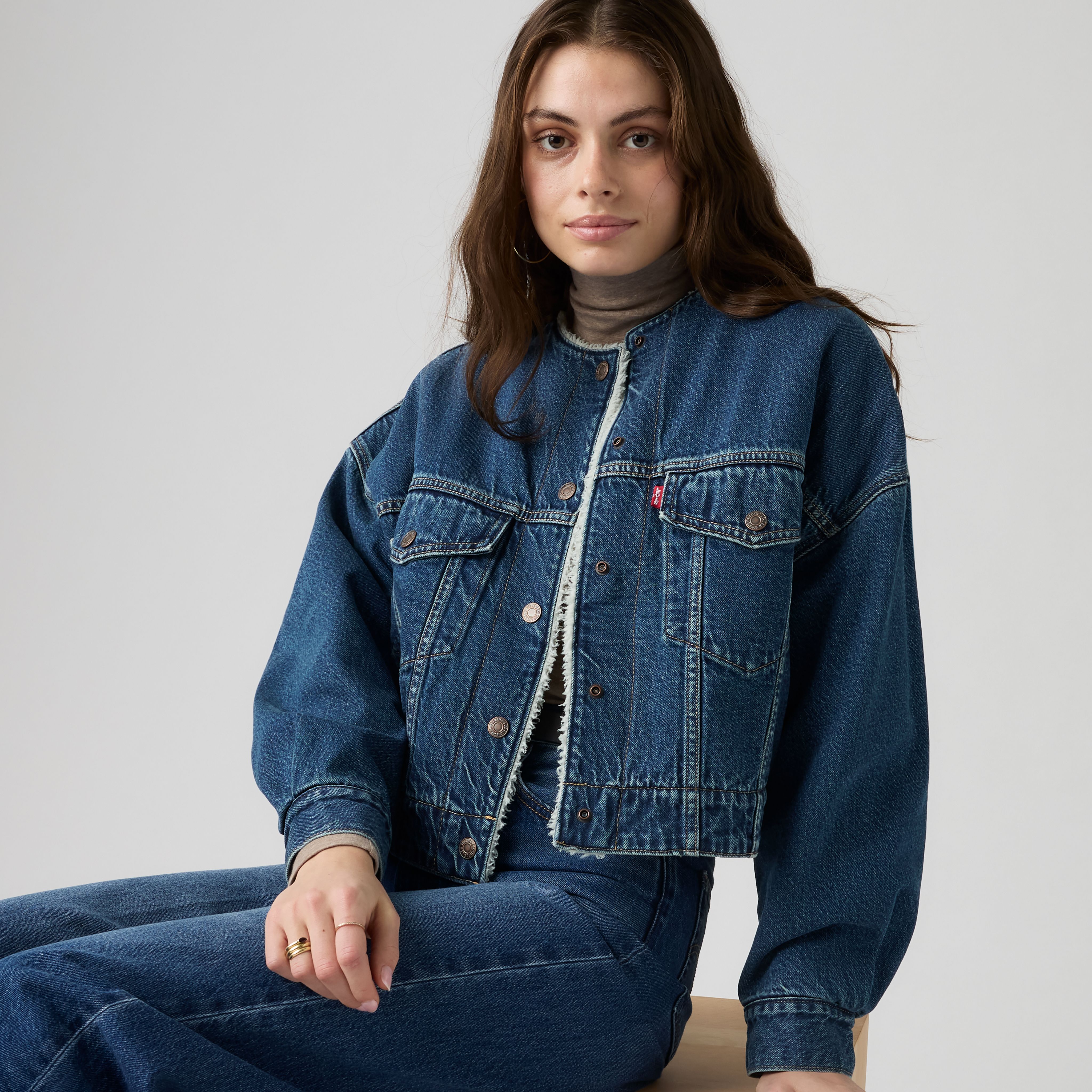 Collarless Cropped Sherpa Trucker Jacket 1