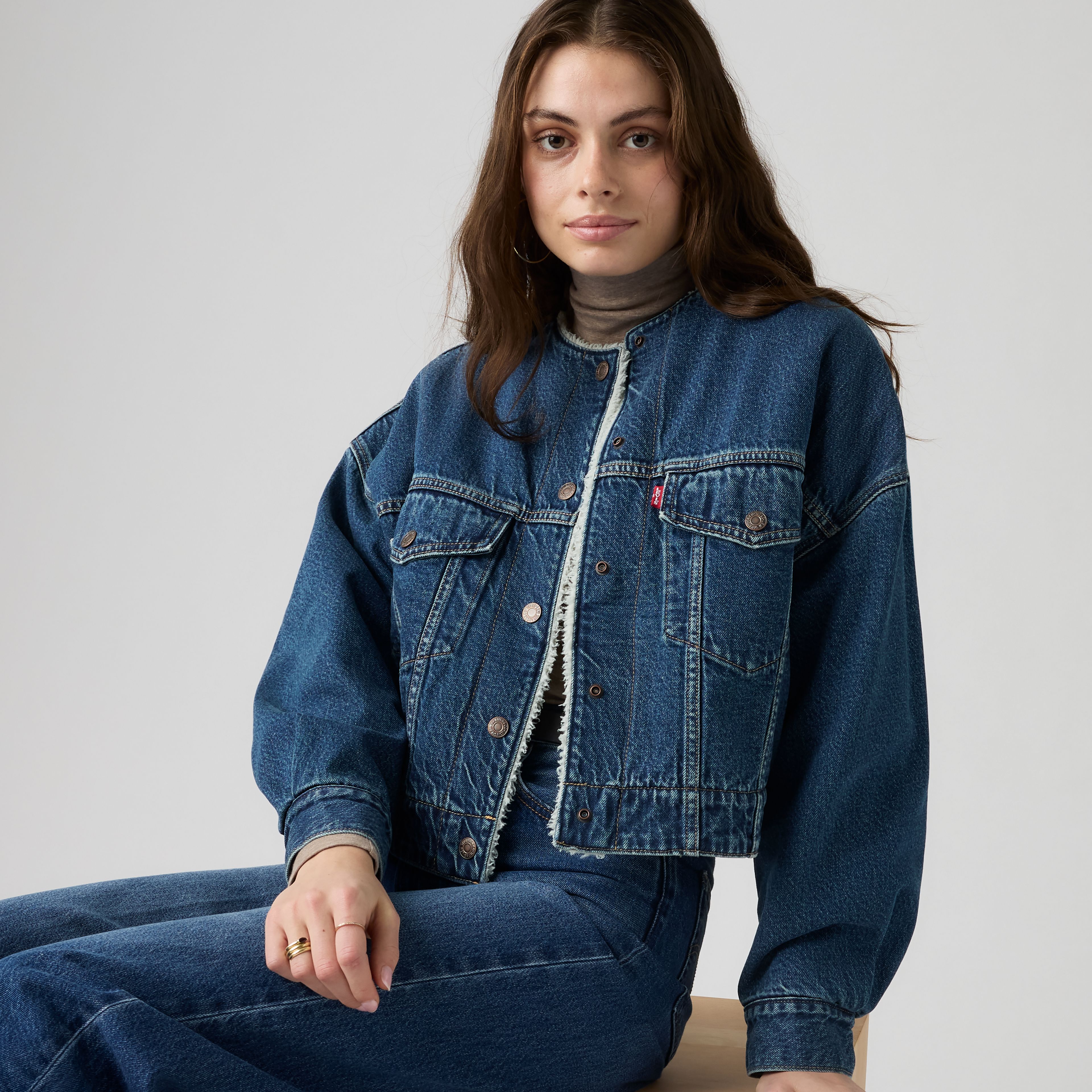 Collarless Cropped Sherpa Trucker Jacket