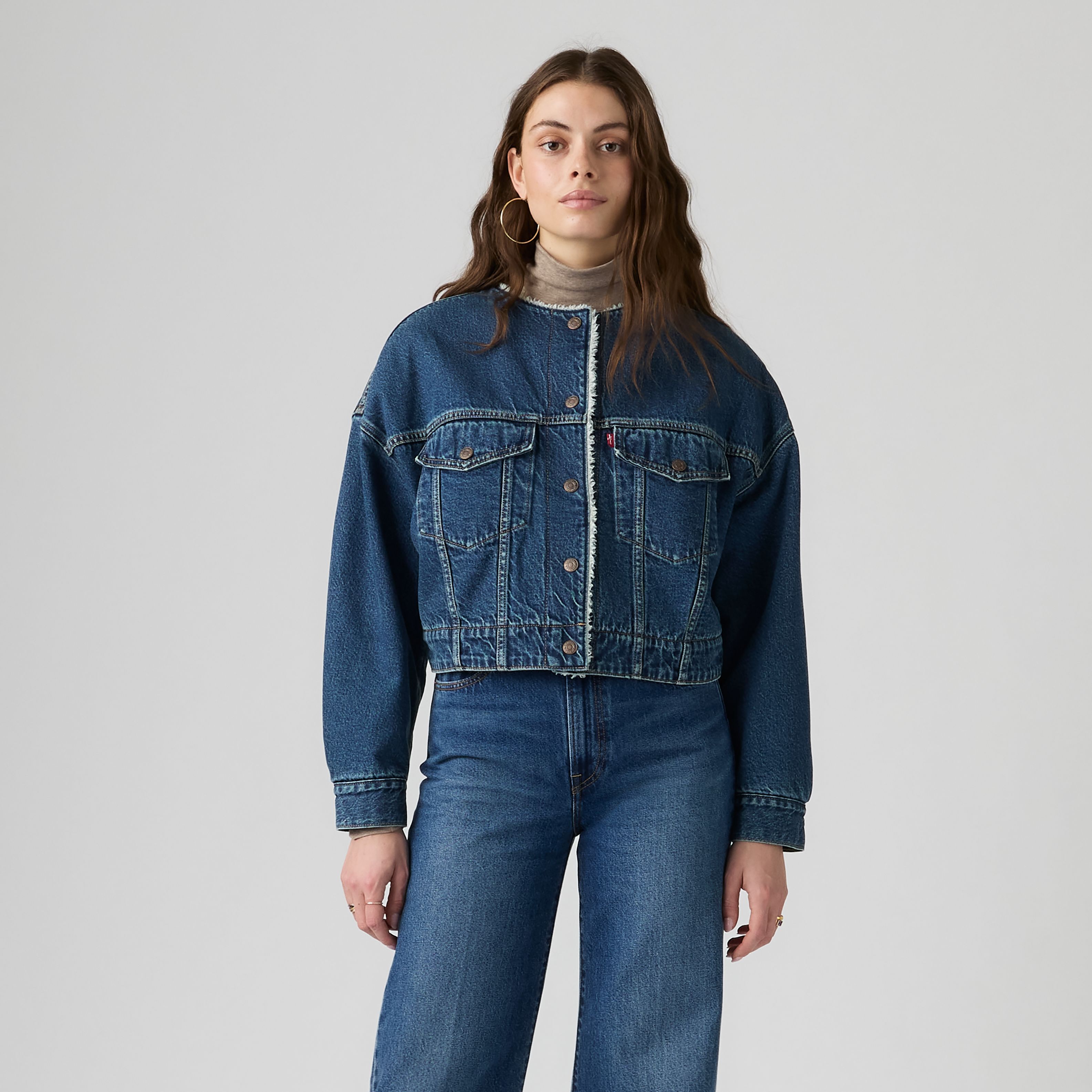 Collarless Cropped Sherpa Trucker Jacket 8