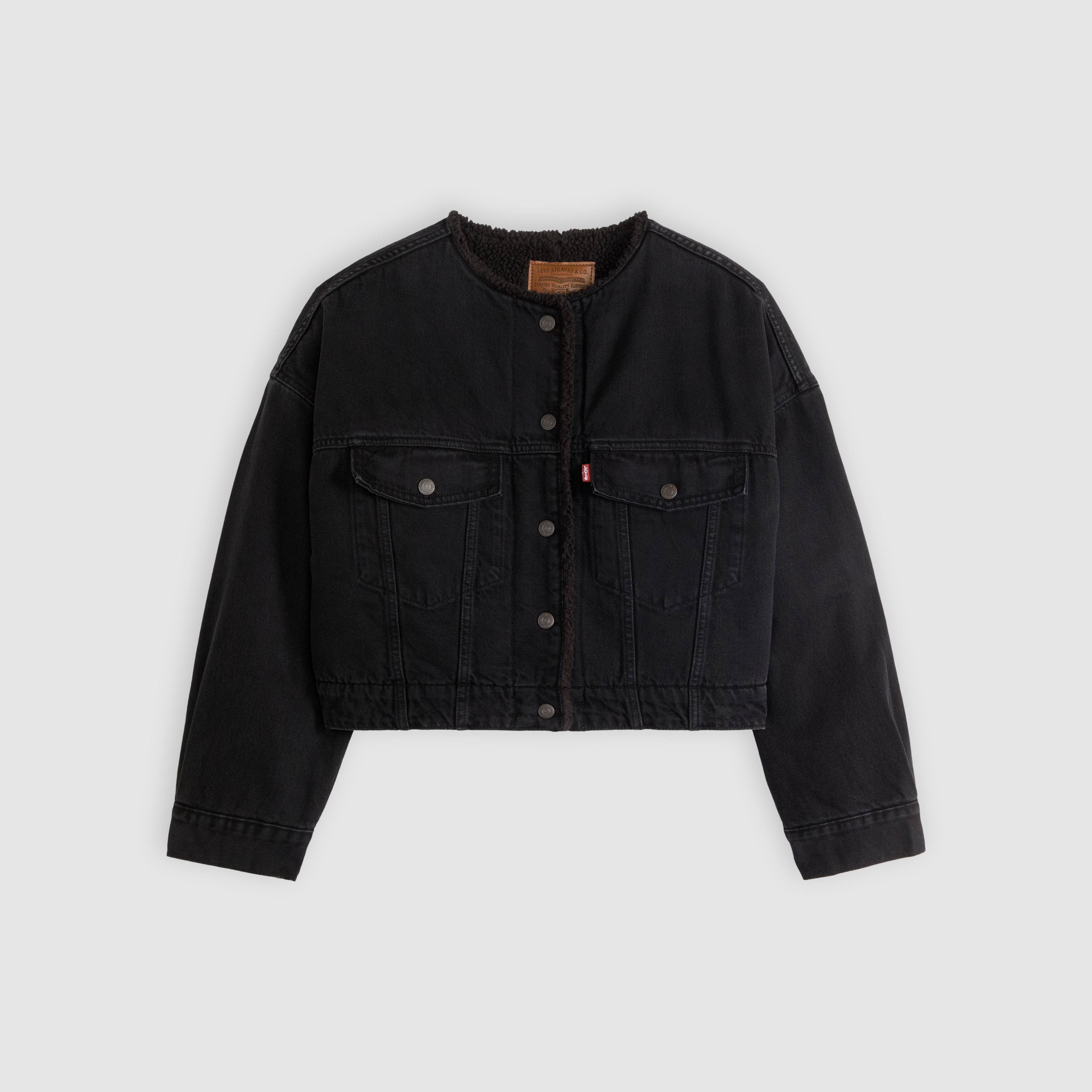 Collarless Cropped Sherpa Trucker Jacket 5