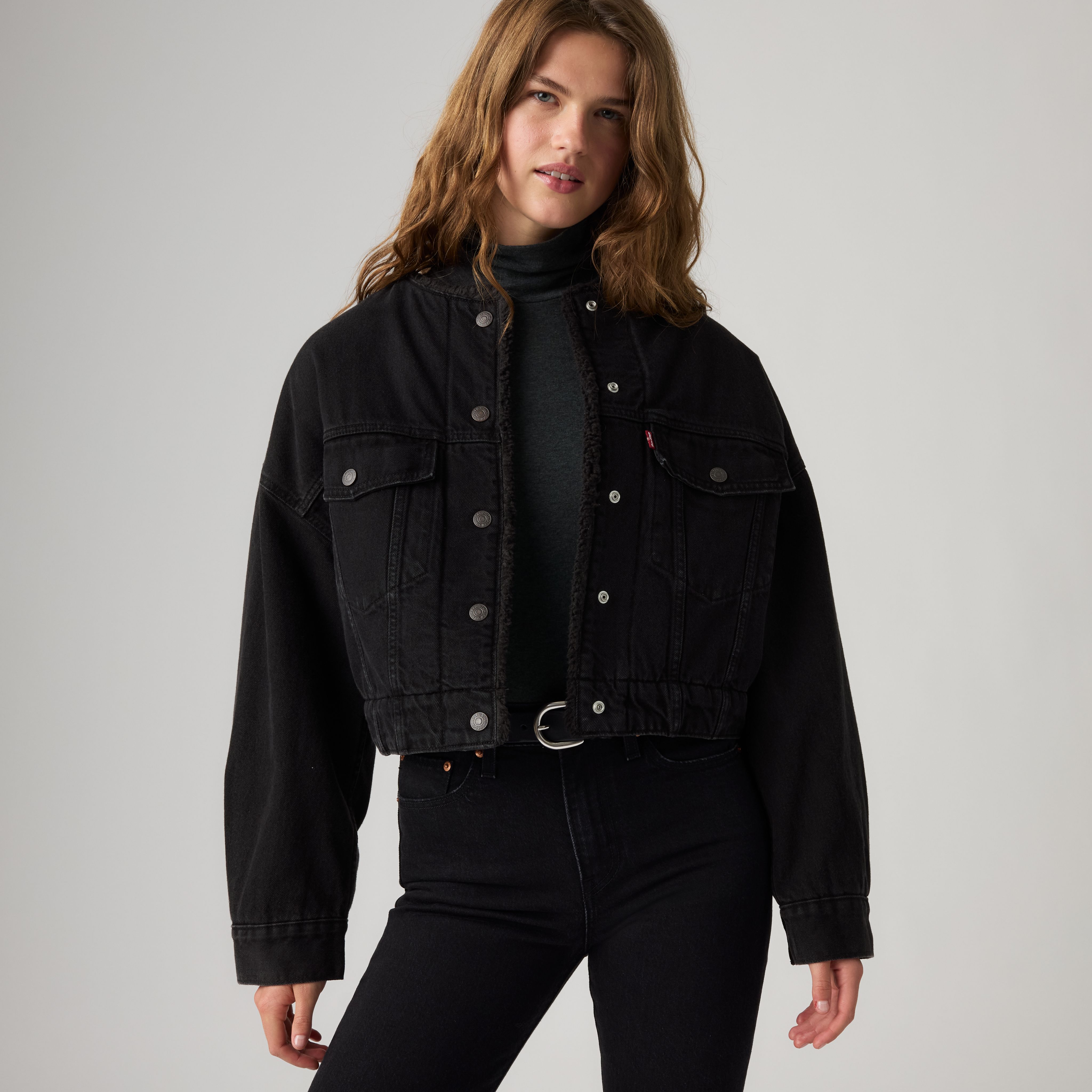 Collarless Cropped Sherpa Trucker Jacket 1