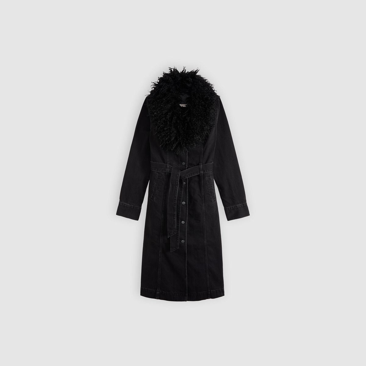 Sherpa Collar Belted Denim Coat — Midnight Mood - Black