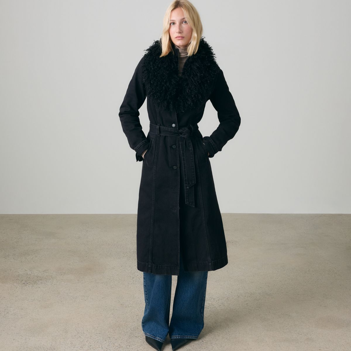 Sherpa Collar Belted Denim Coat — Midnight Mood - Black