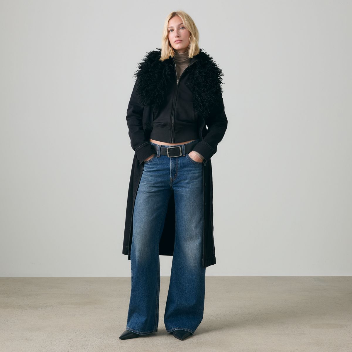 Sherpa Collar Belted Denim Coat — Midnight Mood - Black