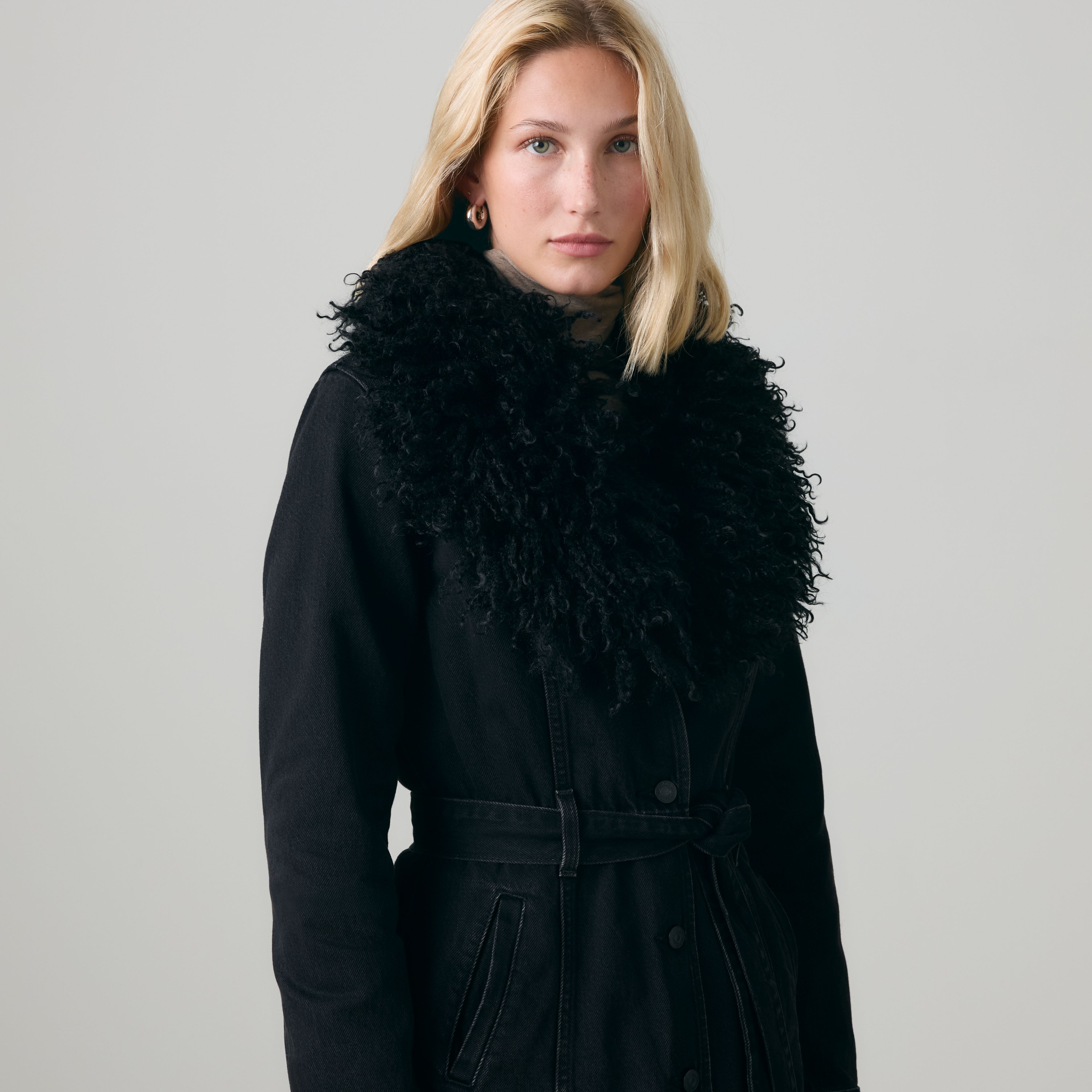 Sherpa Collar Belted Denim Coat 4