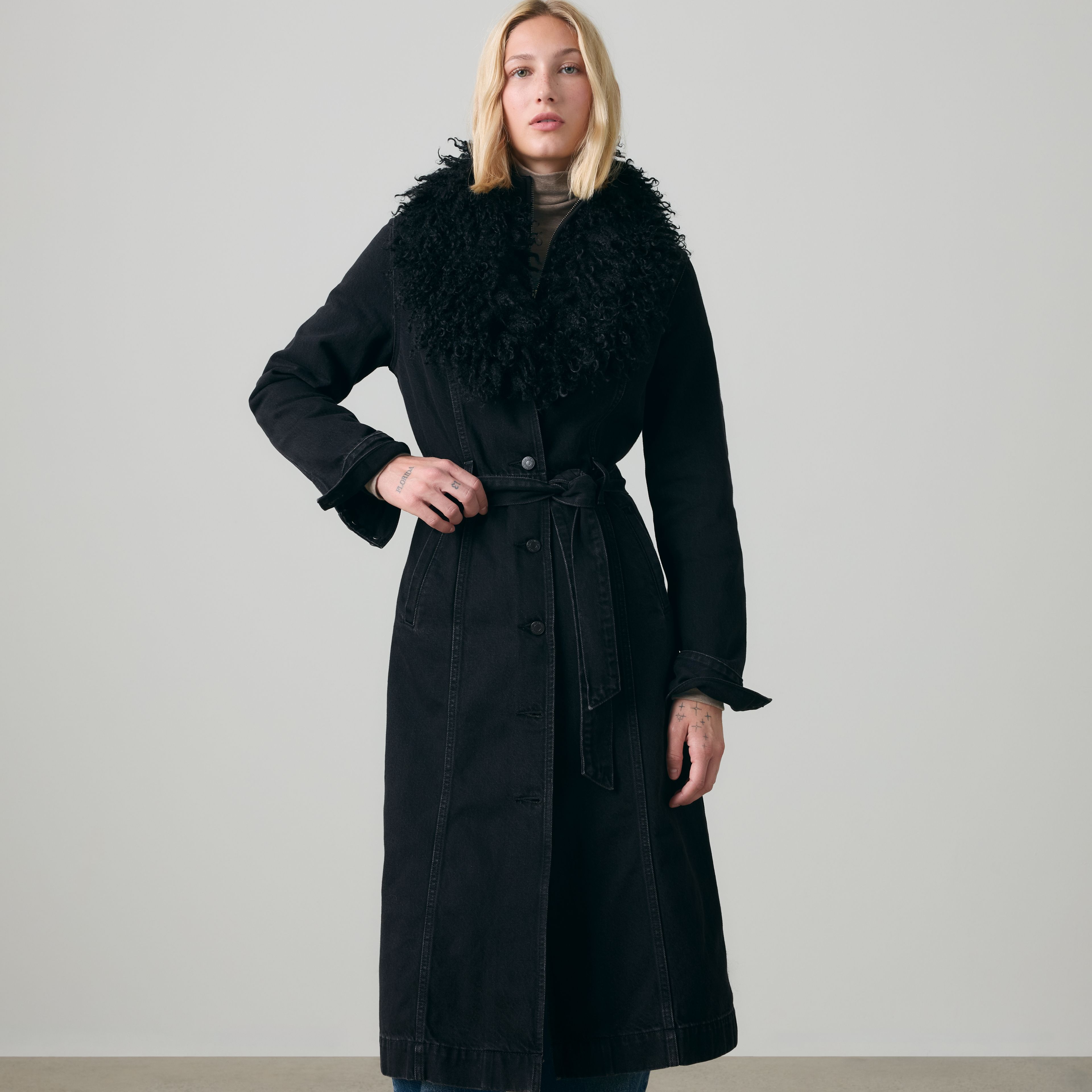 Sherpa Collar Belted Denim Coat