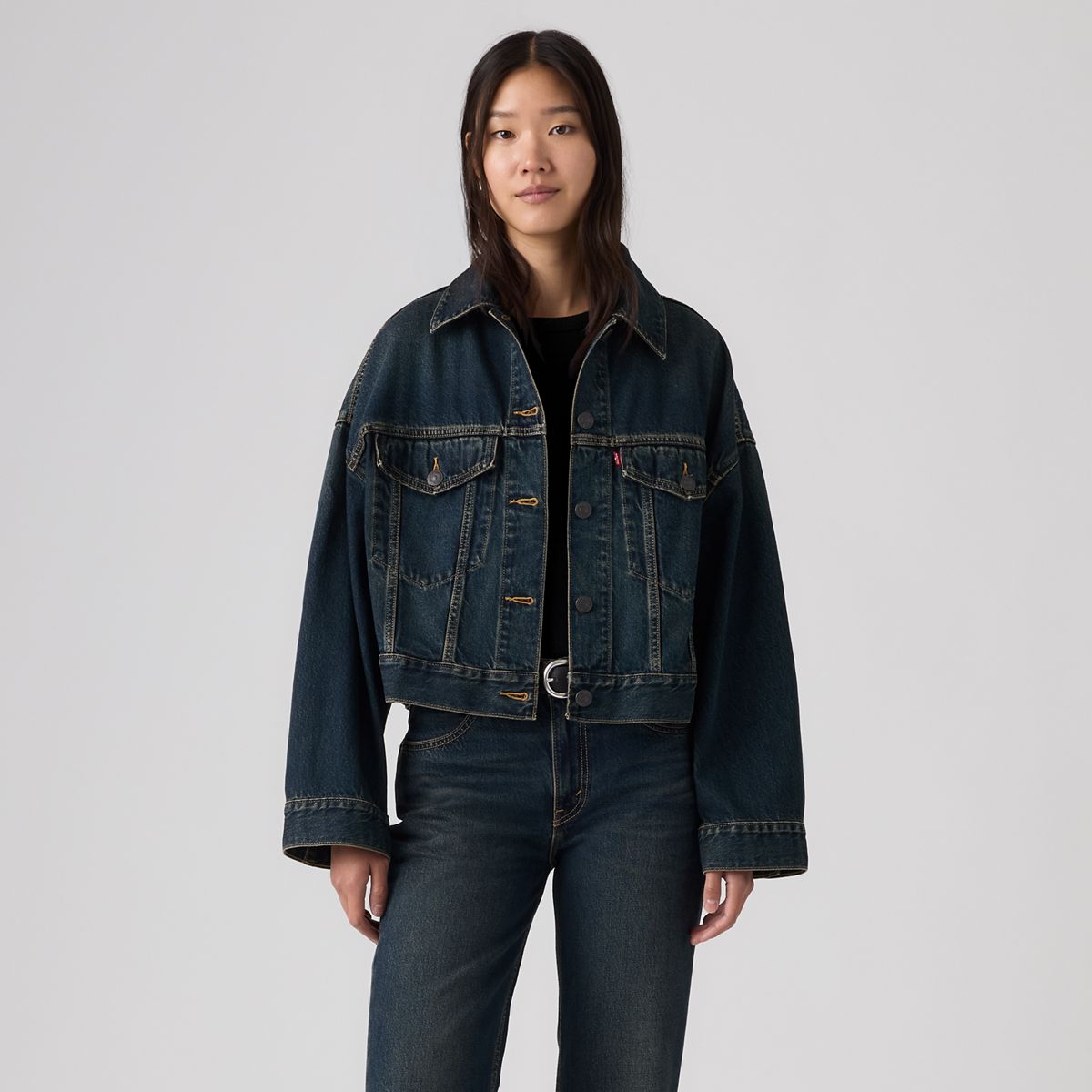 Loose Cropped Trucker Jacket — High Vibration Trucker - Dark Wash