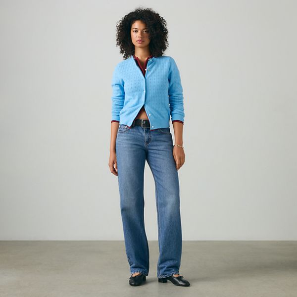 Supersoft Pointelle Crewneck Cardigan — Alaskan Blue - Blue