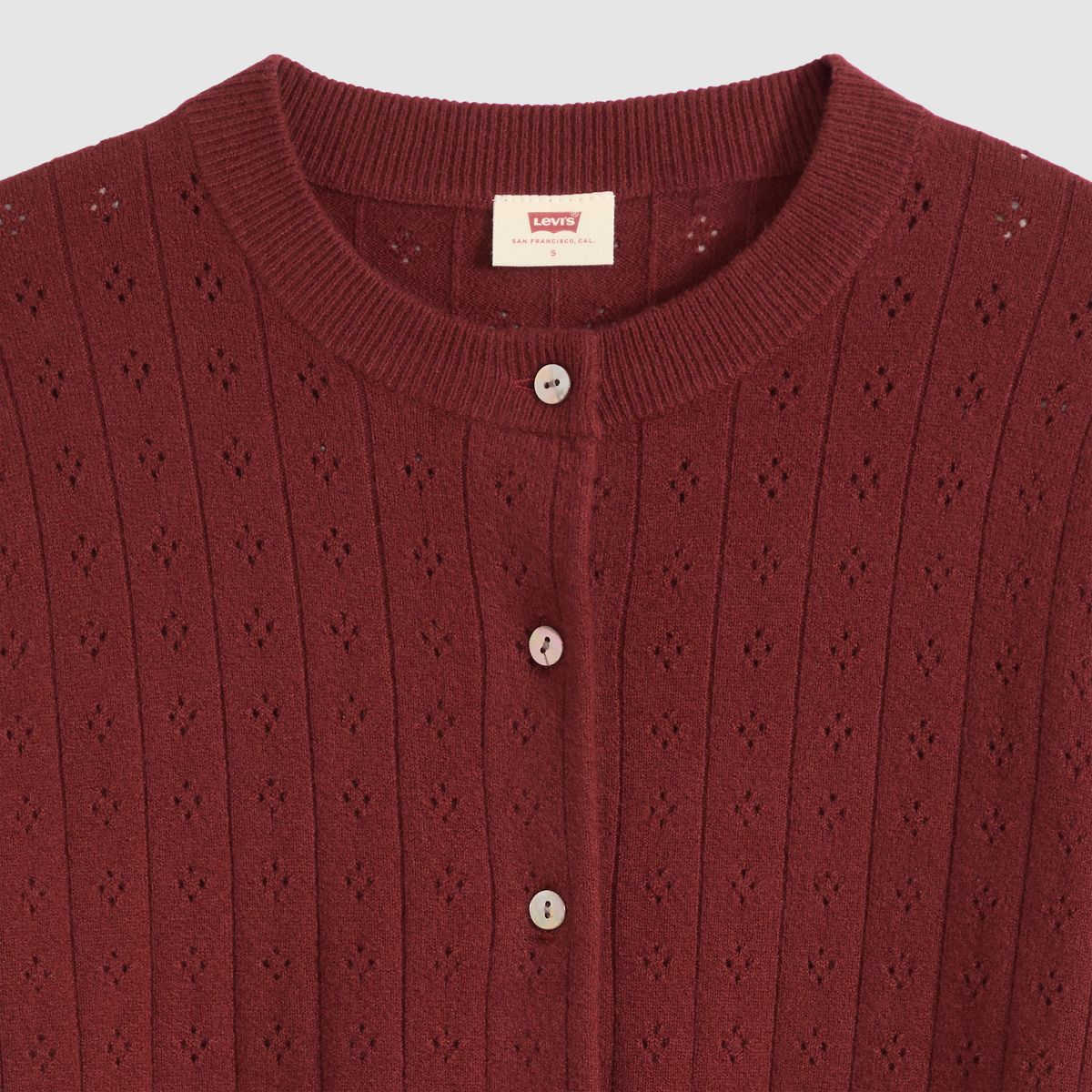 Supersoft Pointelle Crewneck Cardigan — Warm Cabernet - Red