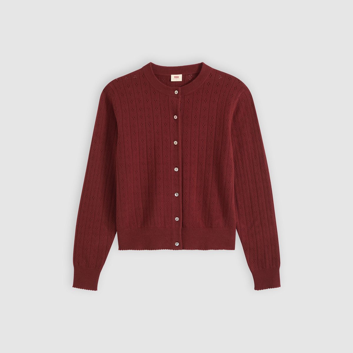 Supersoft Pointelle Crewneck Cardigan — Warm Cabernet - Red