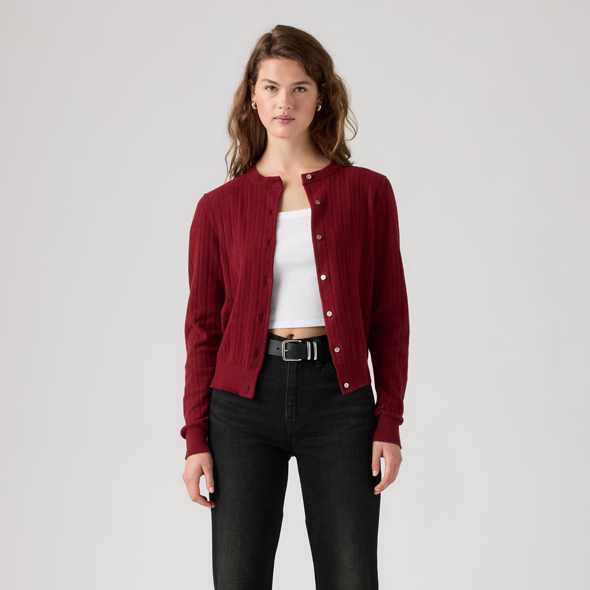 Supersoft Pointelle Crewneck Cardigan — Warm Cabernet - Red