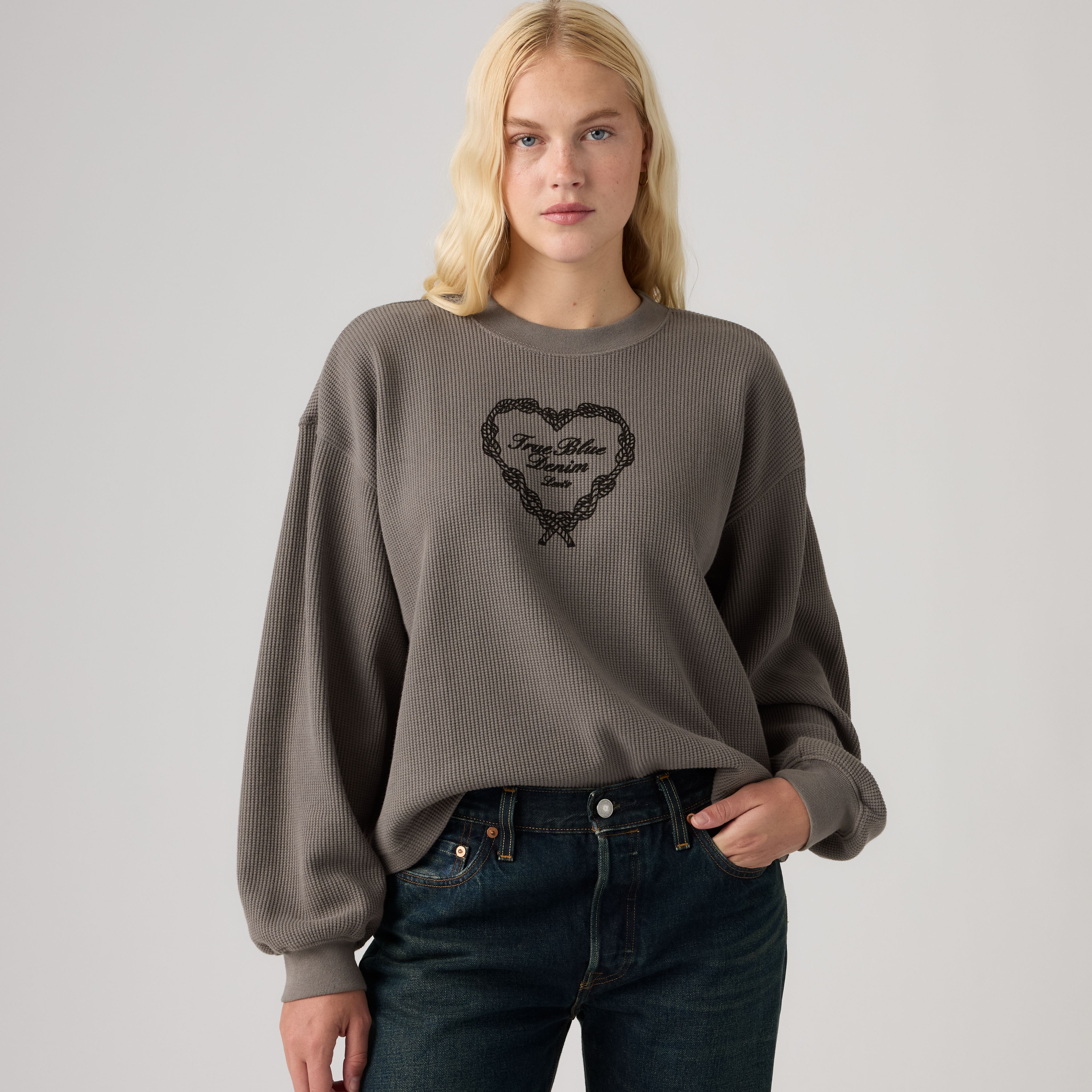 Graphic Relaxed Waffle Long-Sleeve Crewneck Top 1