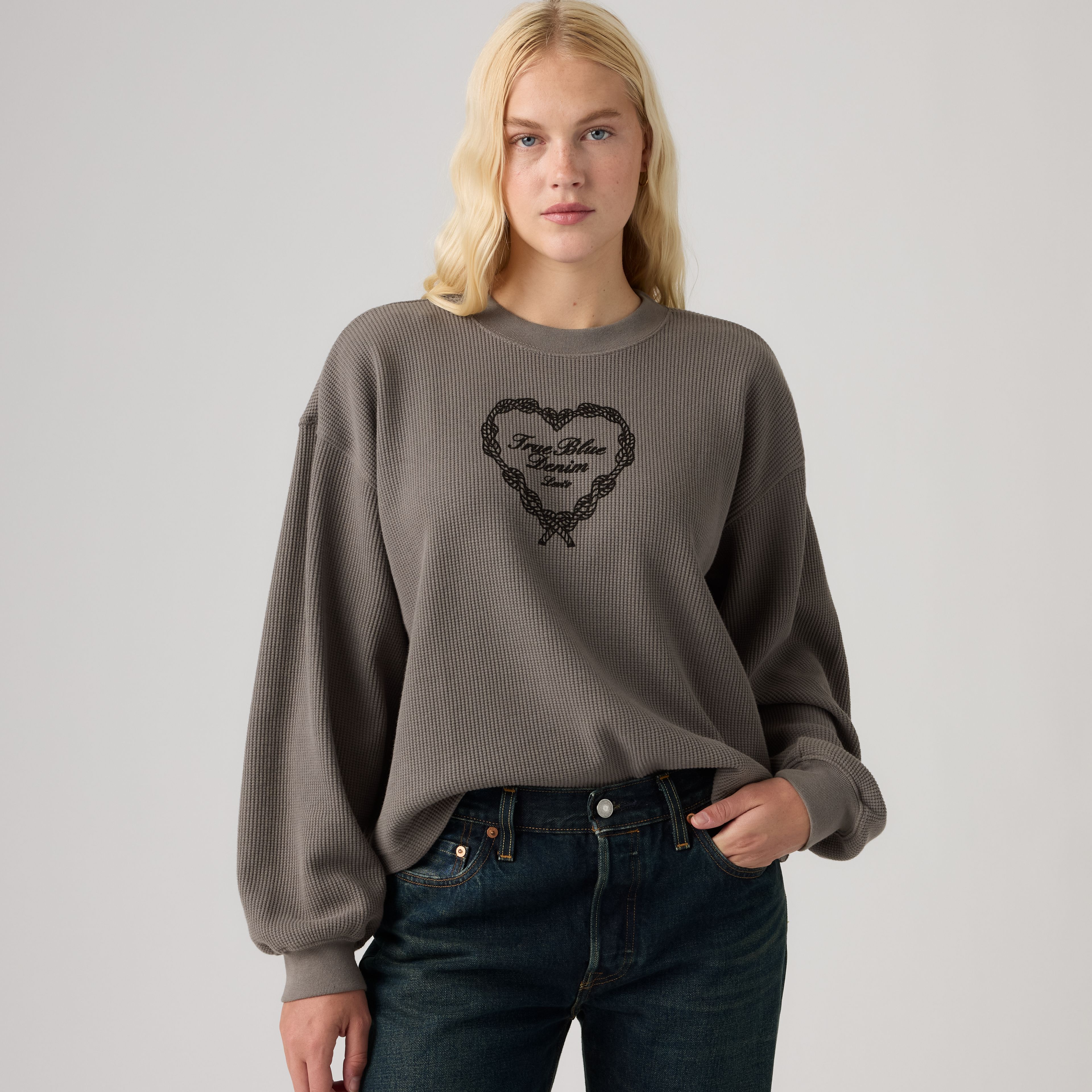 Graphic Relaxed Waffle Long-Sleeve Crewneck Top