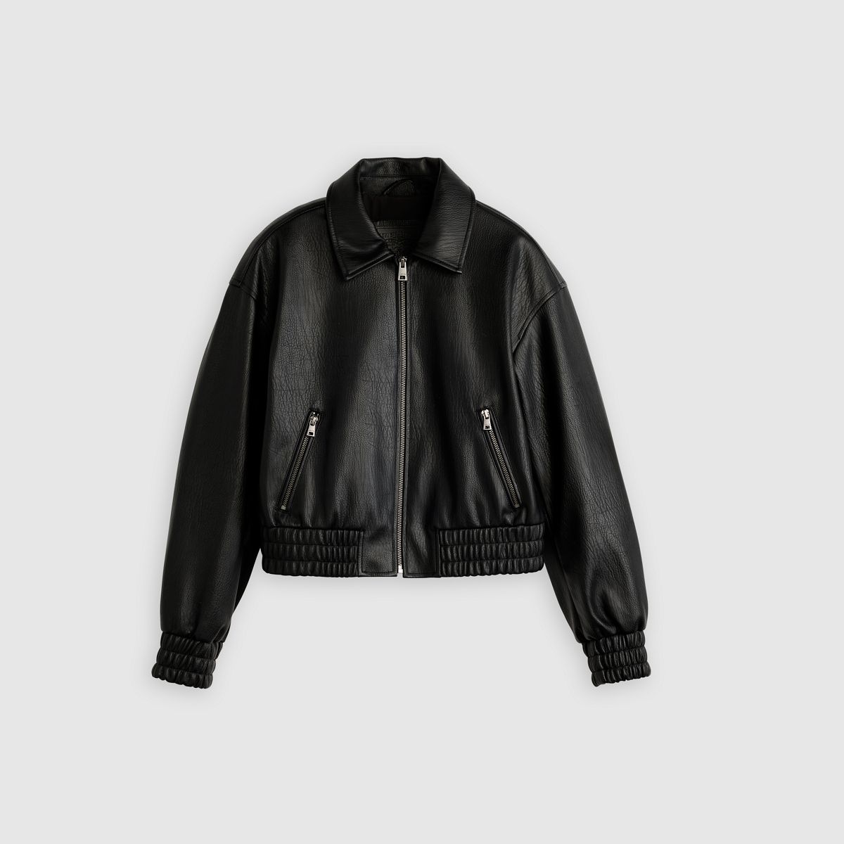 Faux Leather Cropped Bomber Jacket — Faux Leather Black - Black
