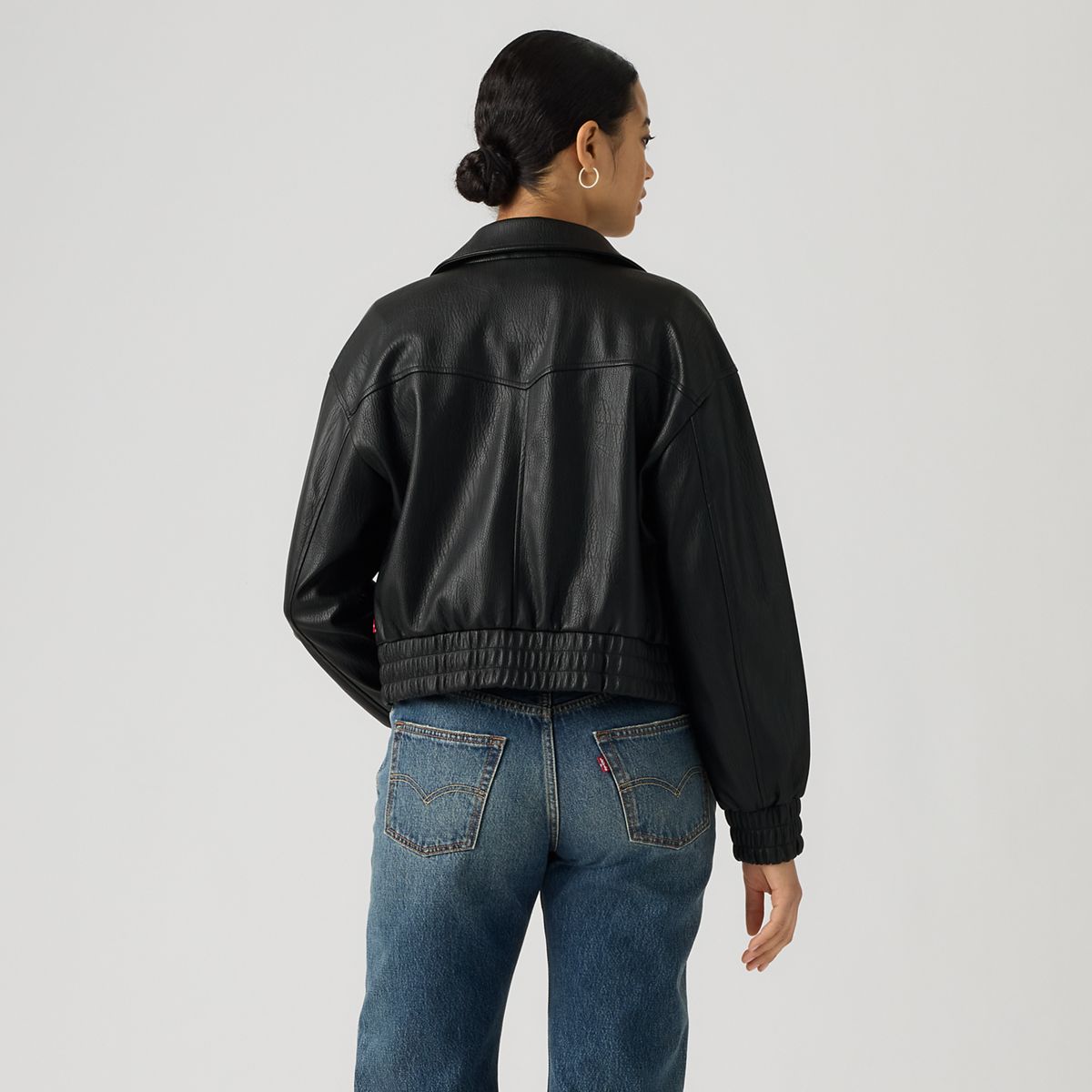 Faux Leather Cropped Bomber Jacket — Faux Leather Black - Black