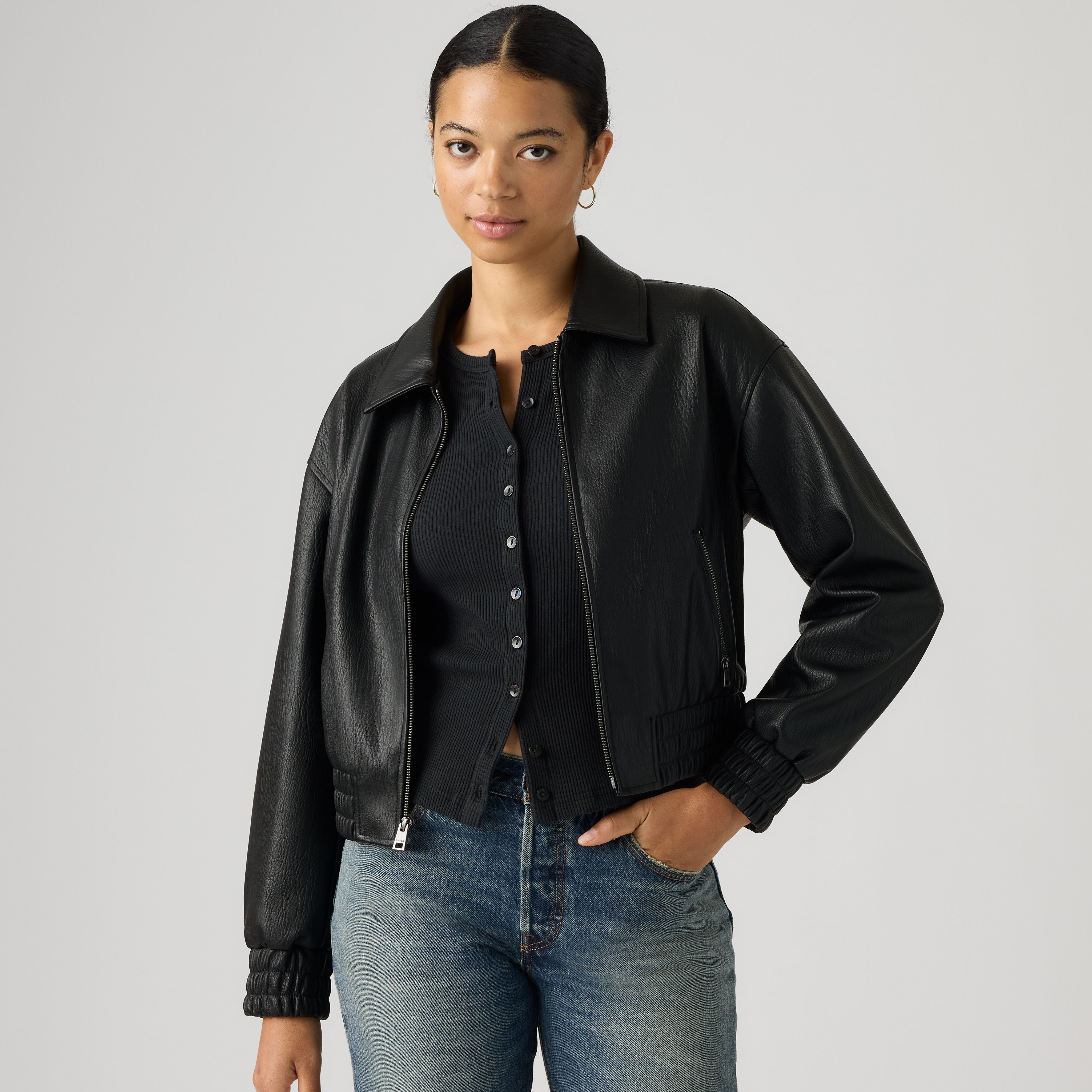 Faux Leather Cropped Bomber Jacket 1