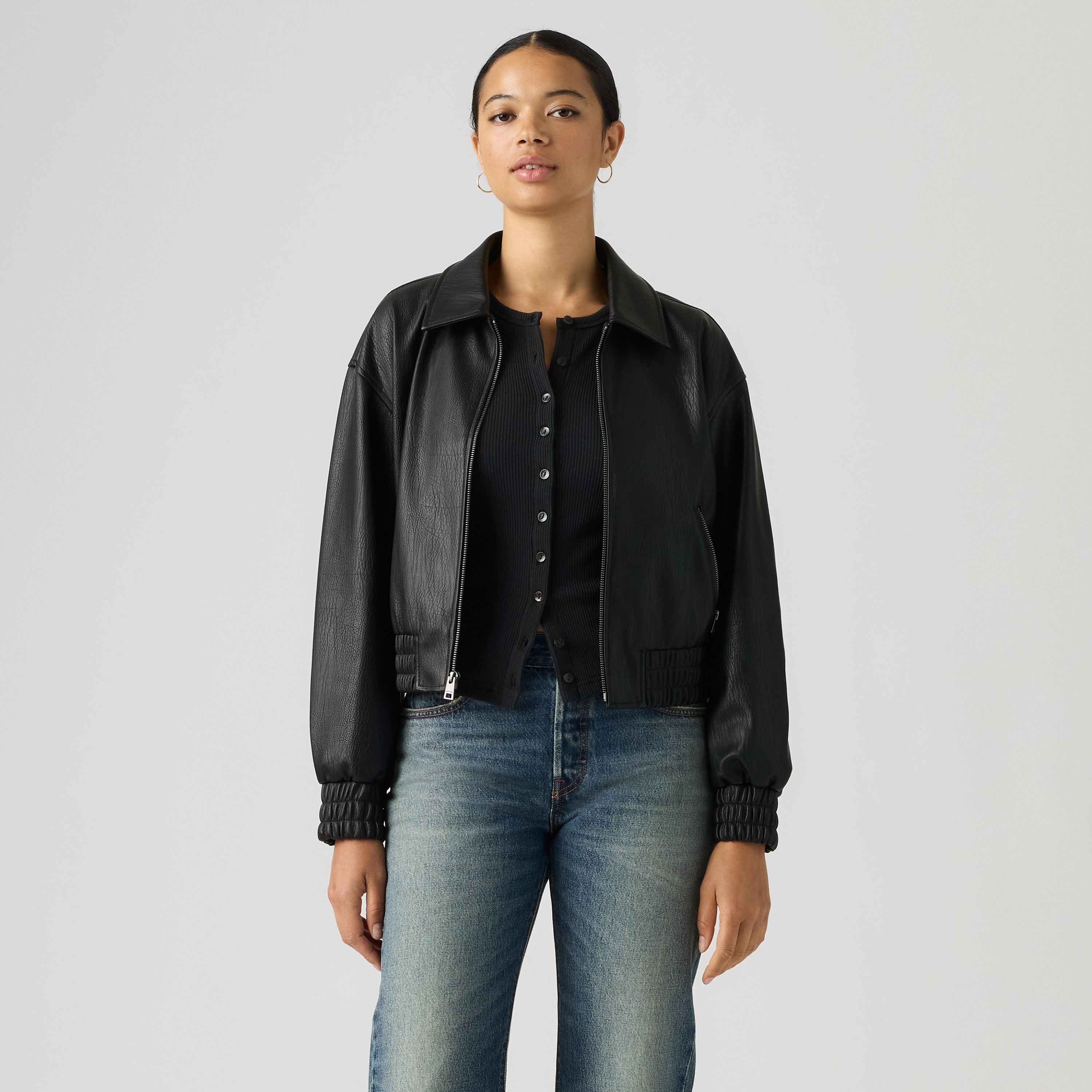Faux Leather Cropped Bomber Jacket 11
