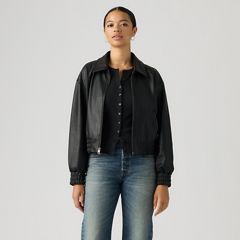 Faux Leather Cropped Bomber Jacket — Faux Leather Black - Black 3