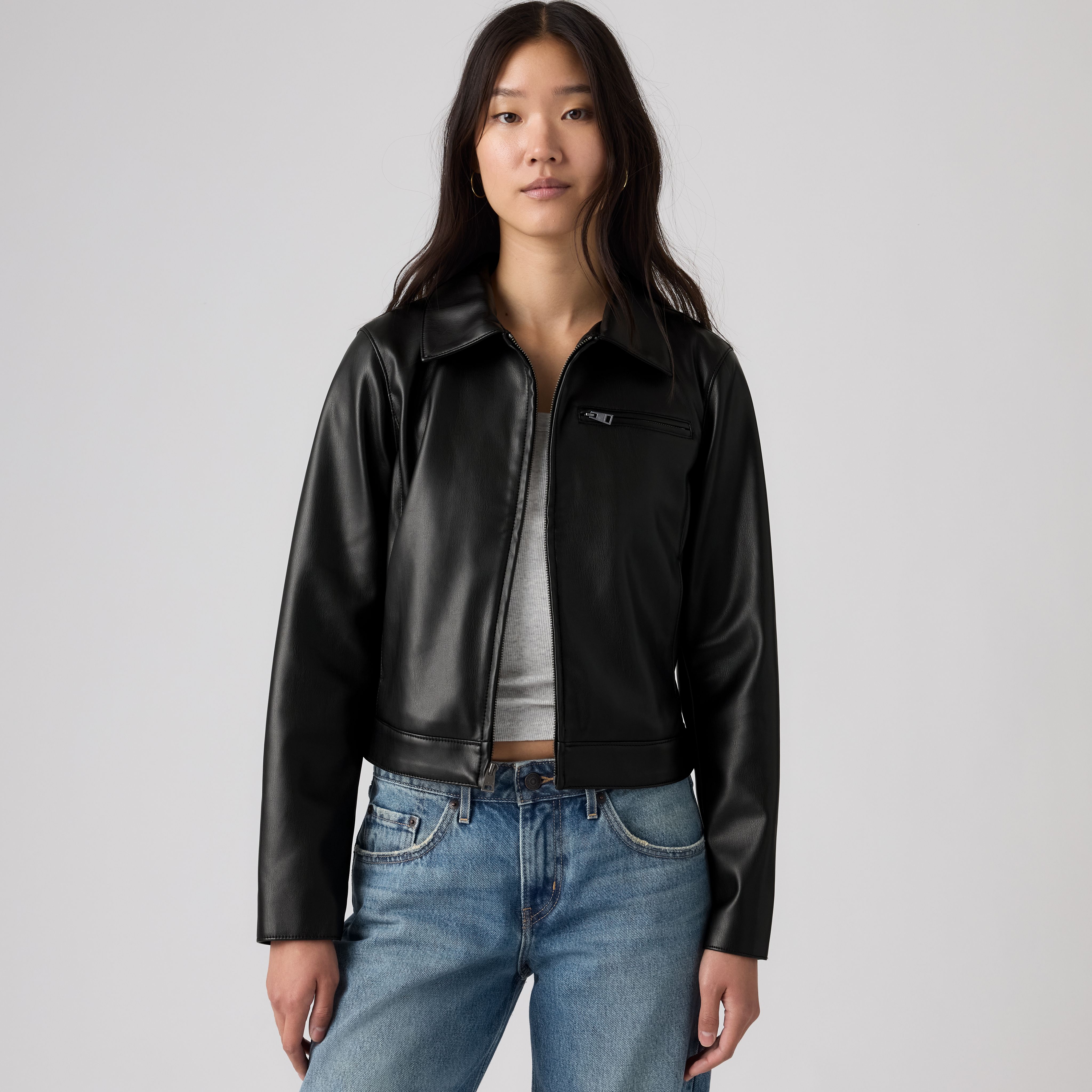 Faux Leather Laydown Zip-Up Jacket 1