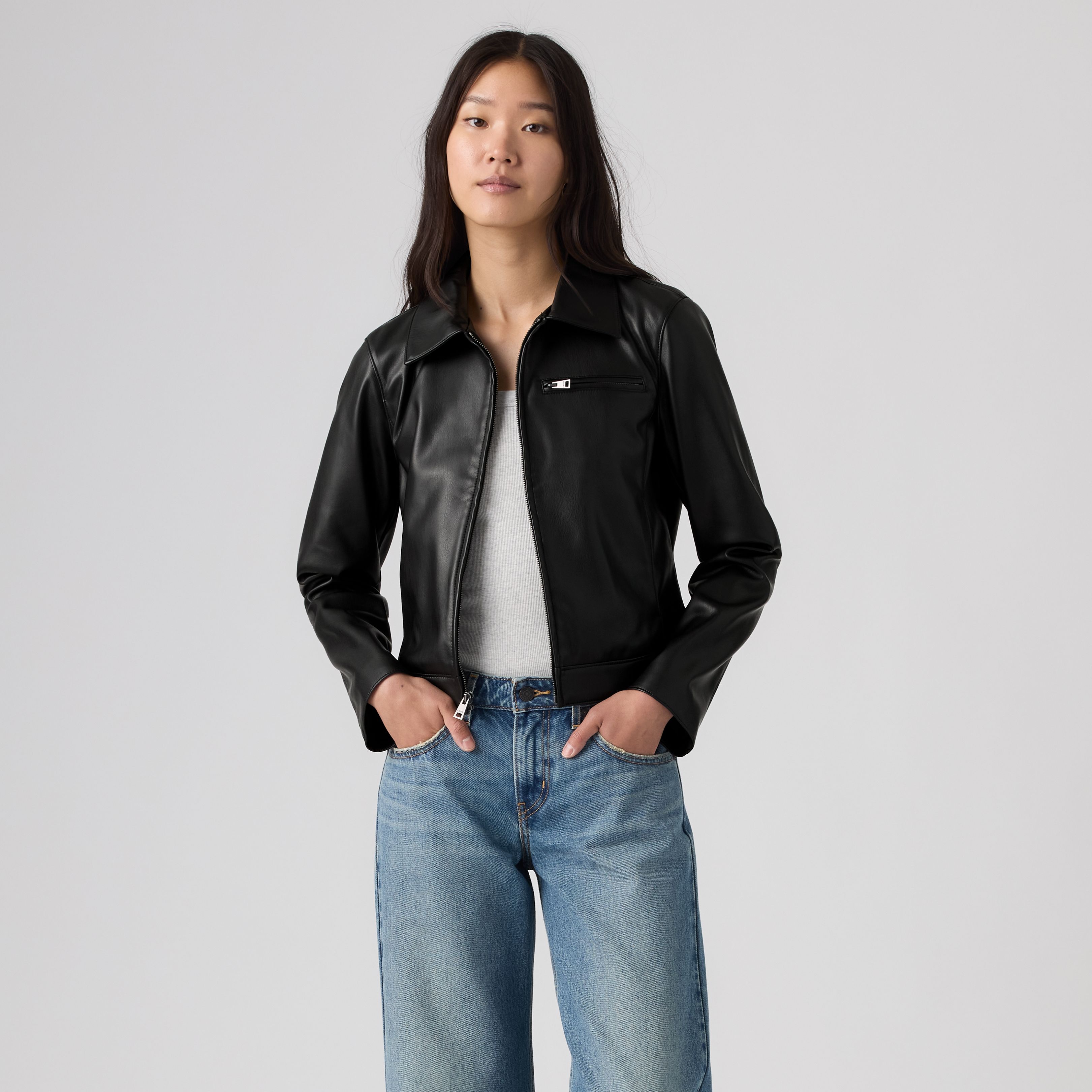 Faux Leather Laydown Zip-Up Jacket 3