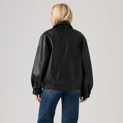 Faux Leather Relaxed Fit Bomber — Black - Black 4