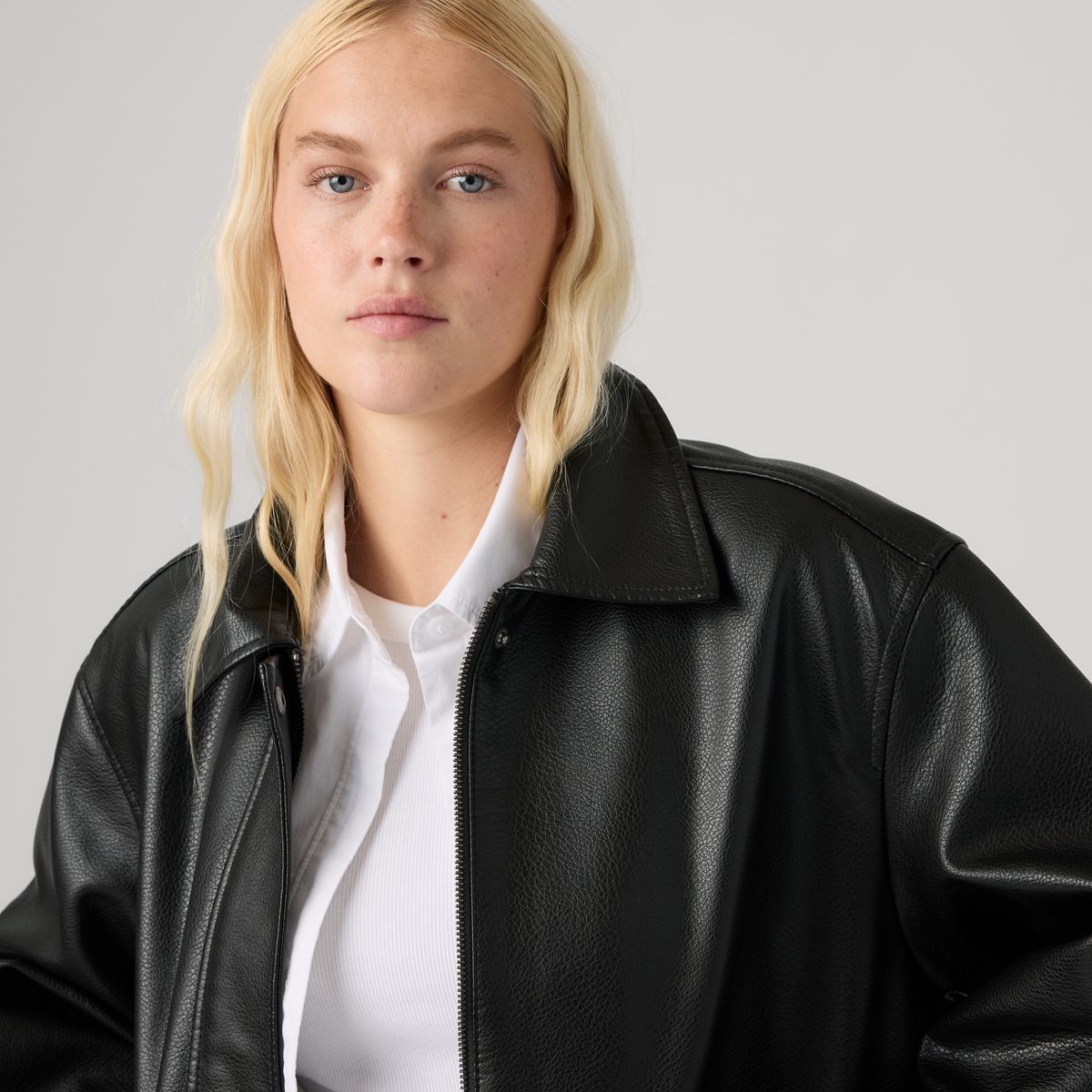 Faux Leather Relaxed Fit Bomber — Black - Black