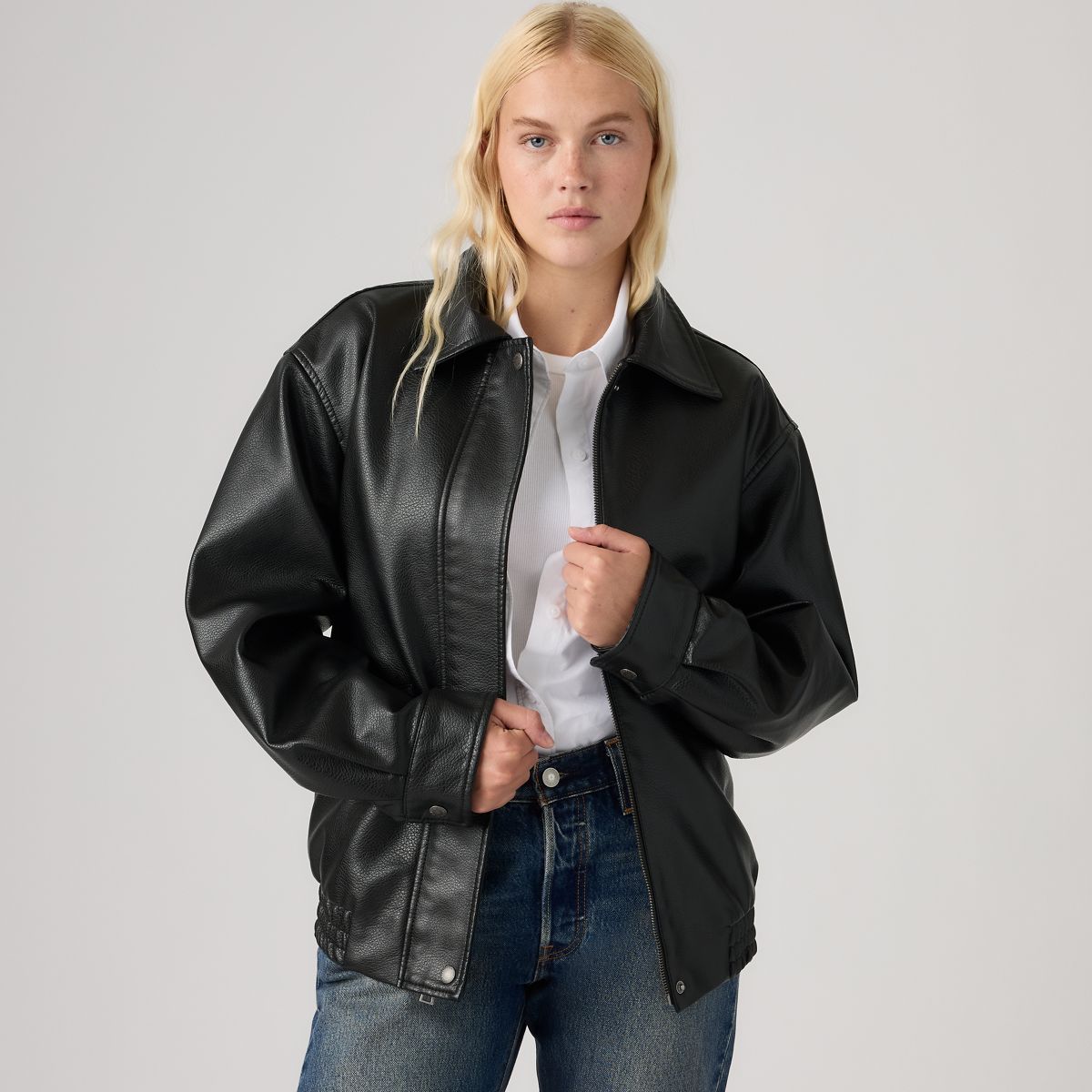 Faux Leather Relaxed Fit Bomber — Black - Black