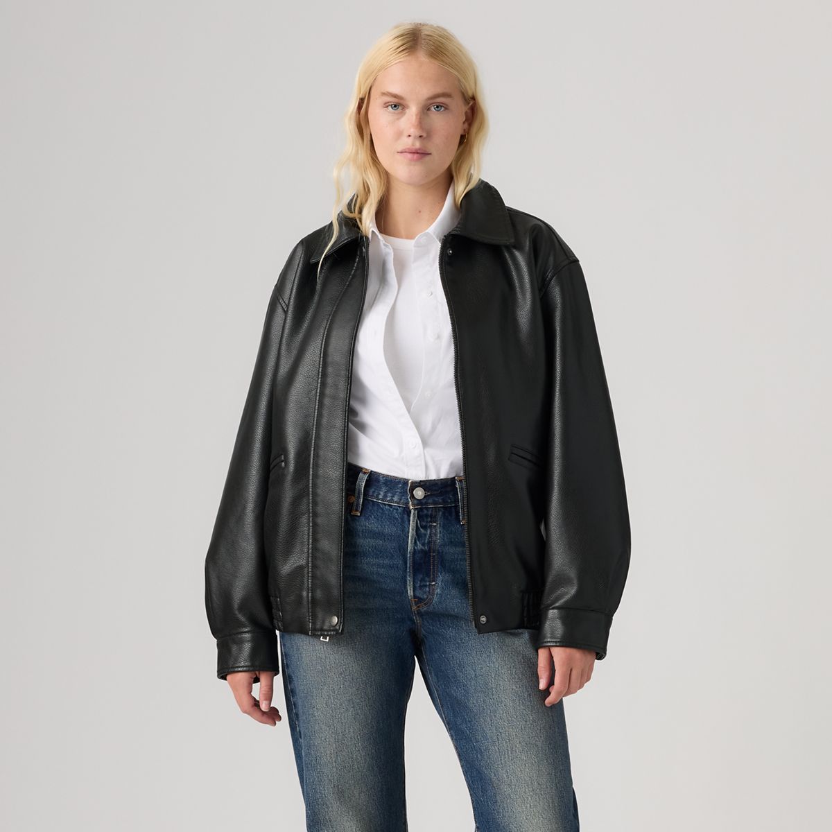 Faux Leather Relaxed Fit Bomber — Black - Black