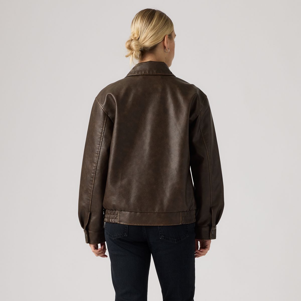 Faux Leather Relaxed Fit Bomber — Brown - Brown